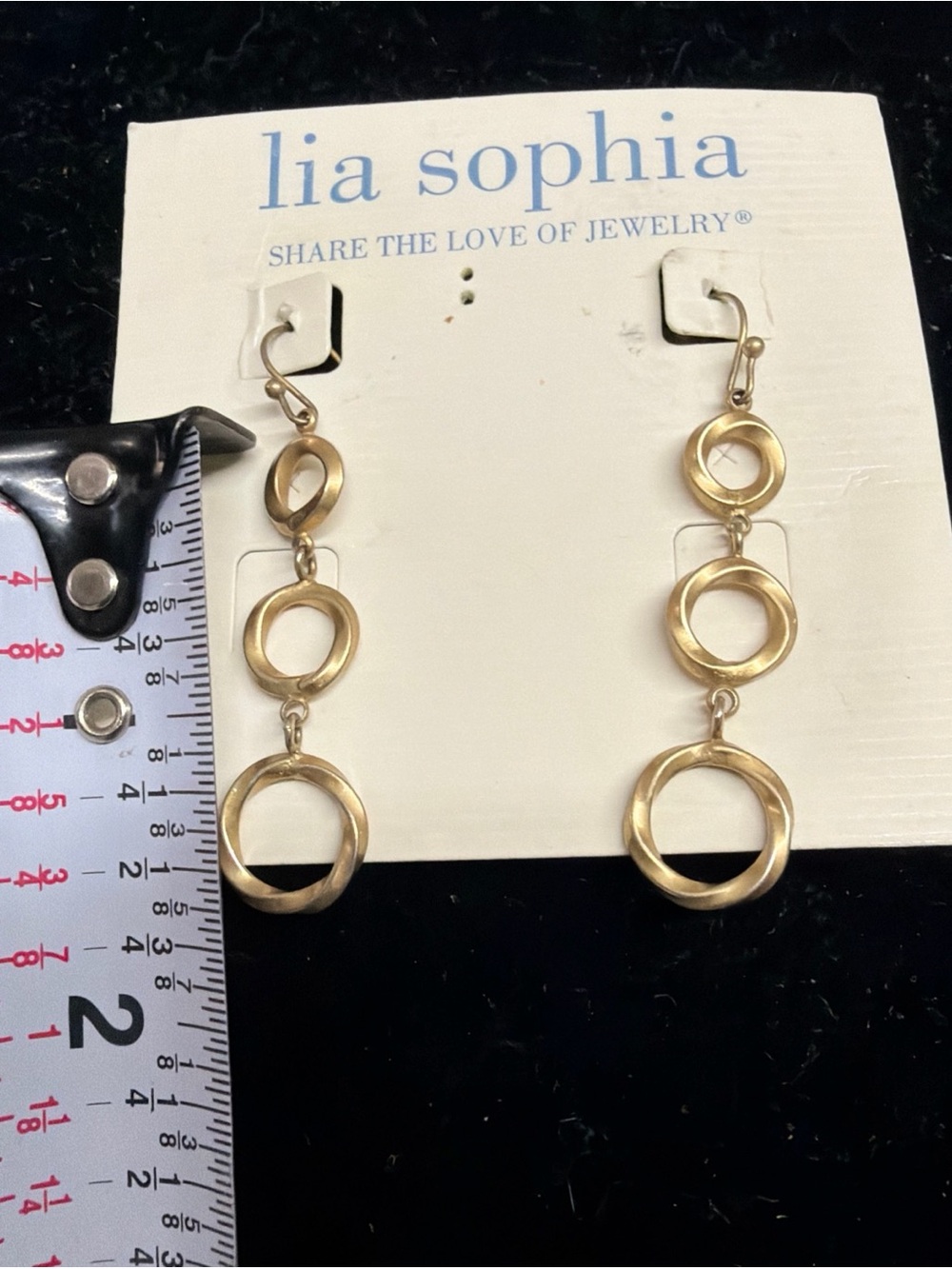 Lia Sophia Gold Tone Triple Circle Drop Earrings matte 2”